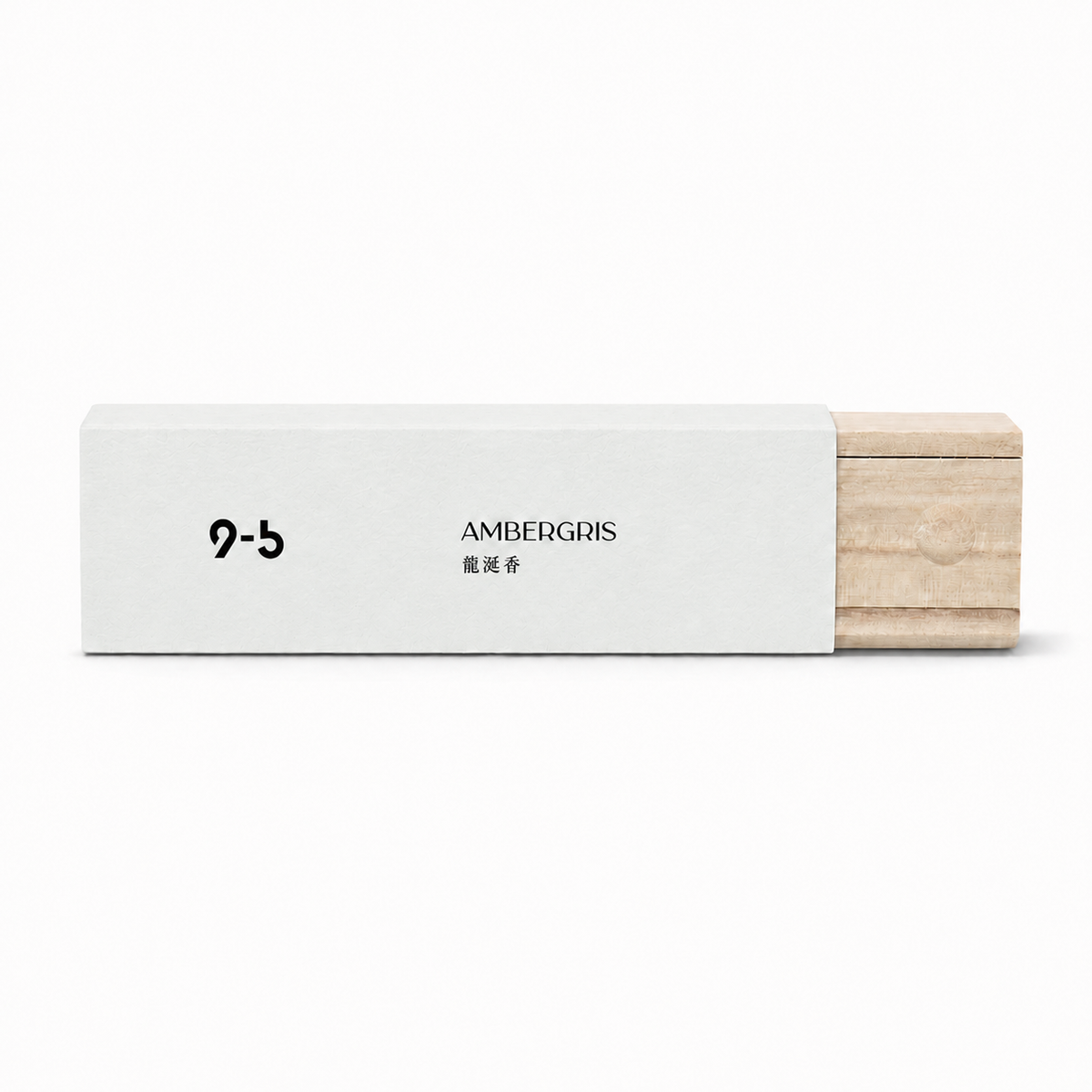 Ambergris incense sticks in white textured paper sleeve and light wood box with moon detail
