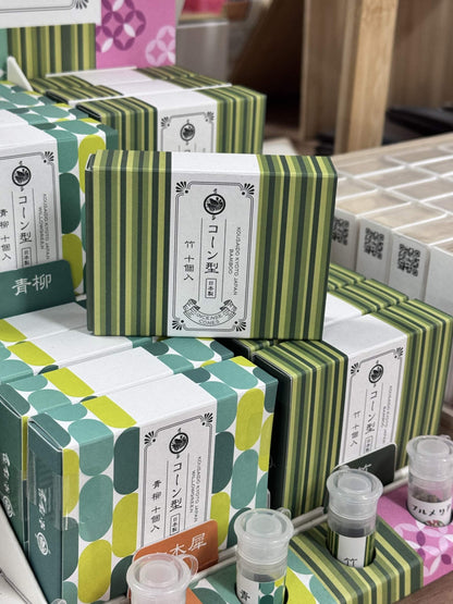 Kousaido Bamboo Incense cone packaging with aluminum holder and 10 cones from Japan