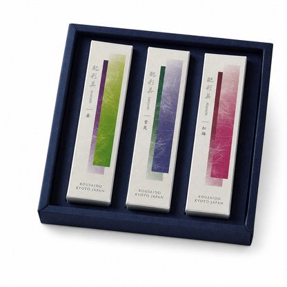 Kousaido HISAIBI Japanese incense gift set with three gradient stick packs at 9to5 Studios