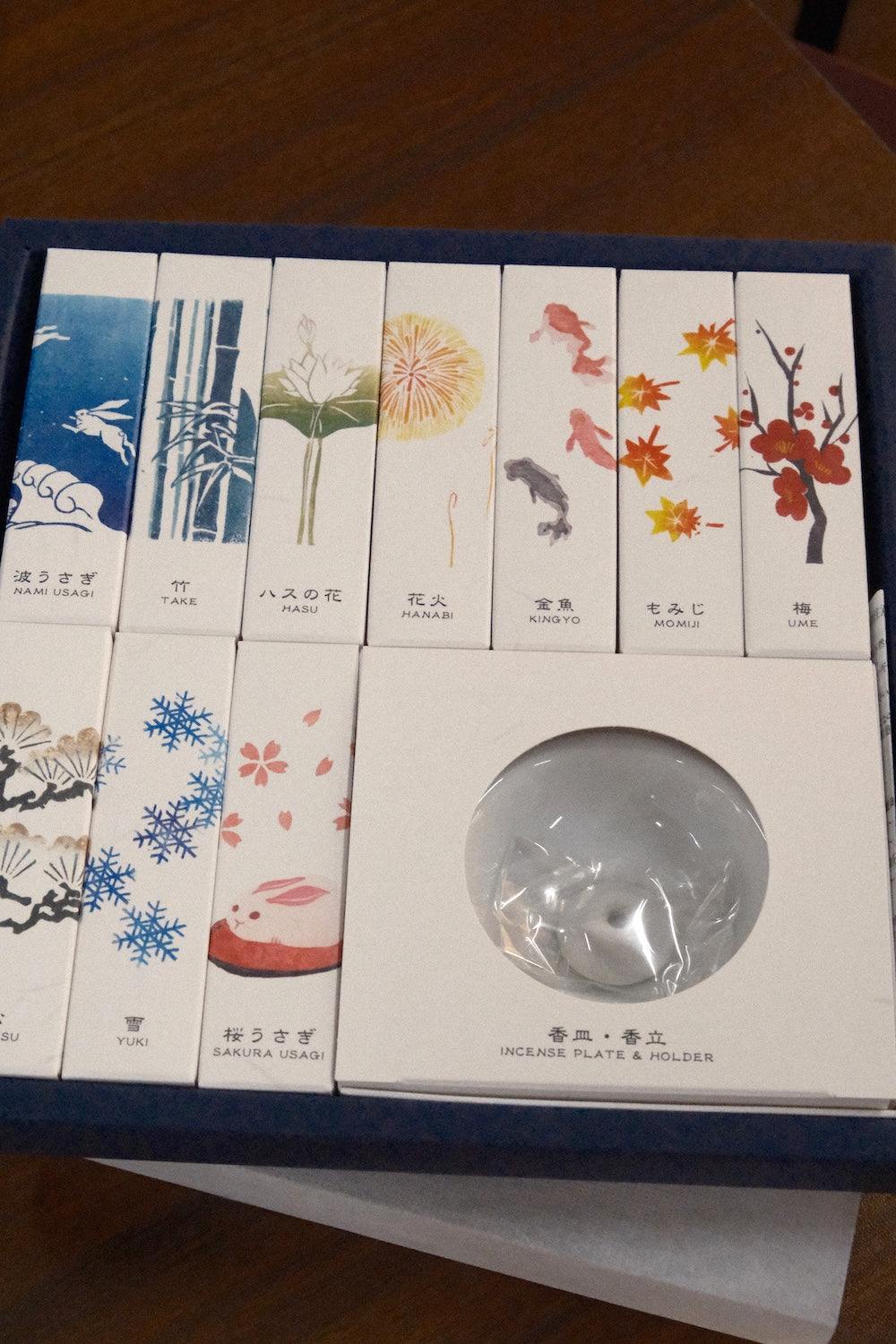Kousaido HANGA Incense 10 Kinds Set with woodblock print packaging and ten unique Japanese seasonal fragrances