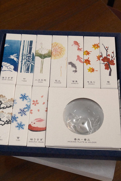 Kousaido HANGA Incense 10 Kinds Set with woodblock print packaging and ten unique Japanese seasonal fragrances