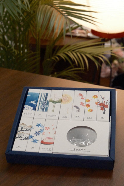 Kousaido HANGA Incense 10 Kinds Set with woodblock print packaging and ten seasonal fragrances including pine and cherry blossom