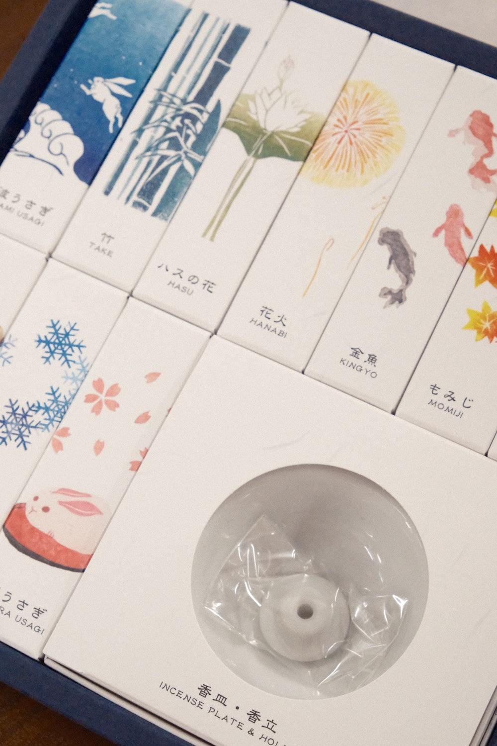 Kousaido HANGA Incense 10 Kinds Set with woodblock print packaging and ten seasonal fragrances including pine and cherry blossom