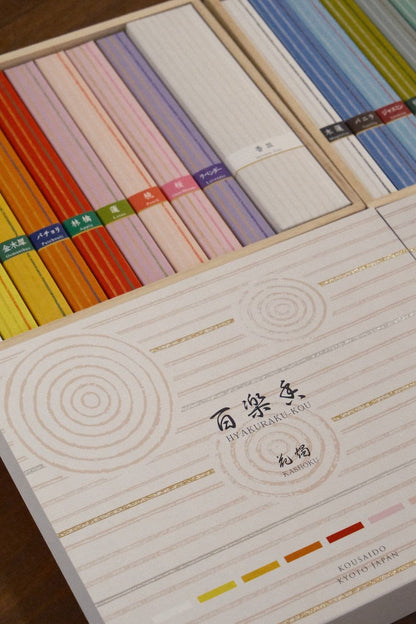 Kousaido Hyakurakko Gift Set with 9 premium Japanese incense fragrances and incense holder plate