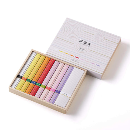 Kousaido Hyakurakko Gift Set with 9 premium natural incense fragrances and milky-white incense holder
