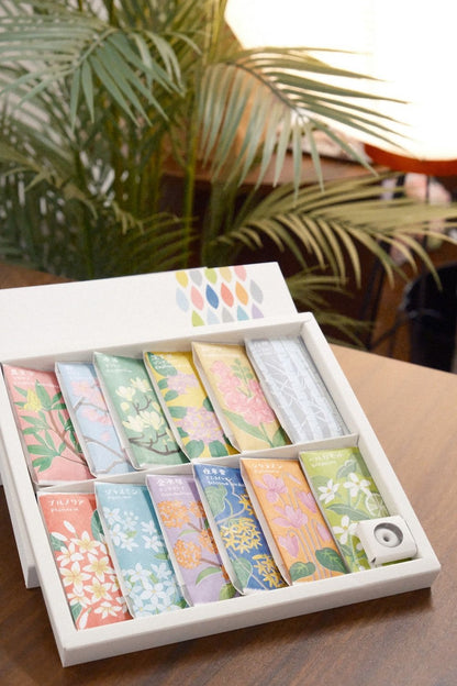 Kousaido Ihana-denshin Collection gift box with 12 floral incense fragrances and holder