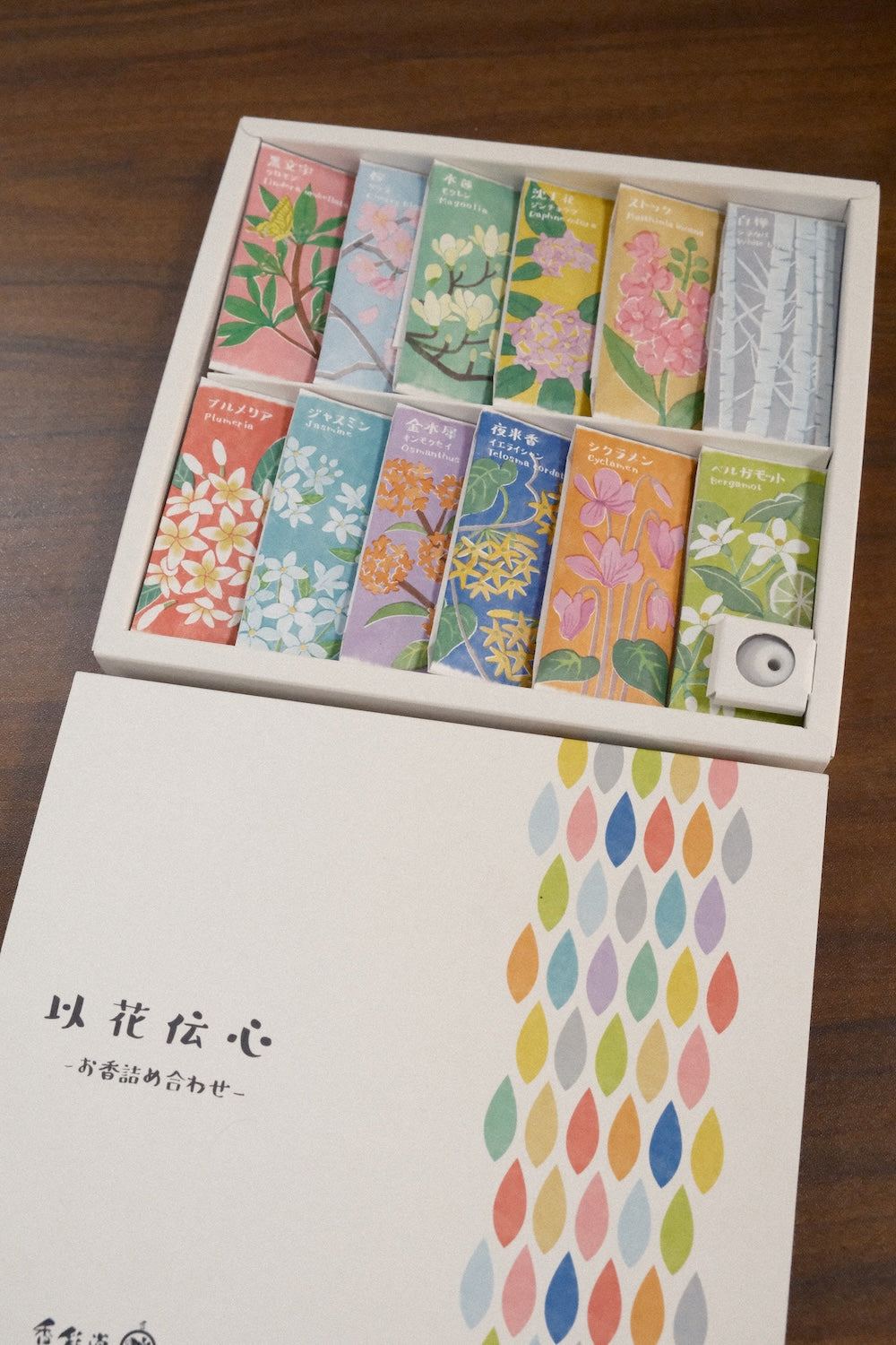 Kousaido Ihana-denshin Collection gift box with 12 floral incense fragrances and holder