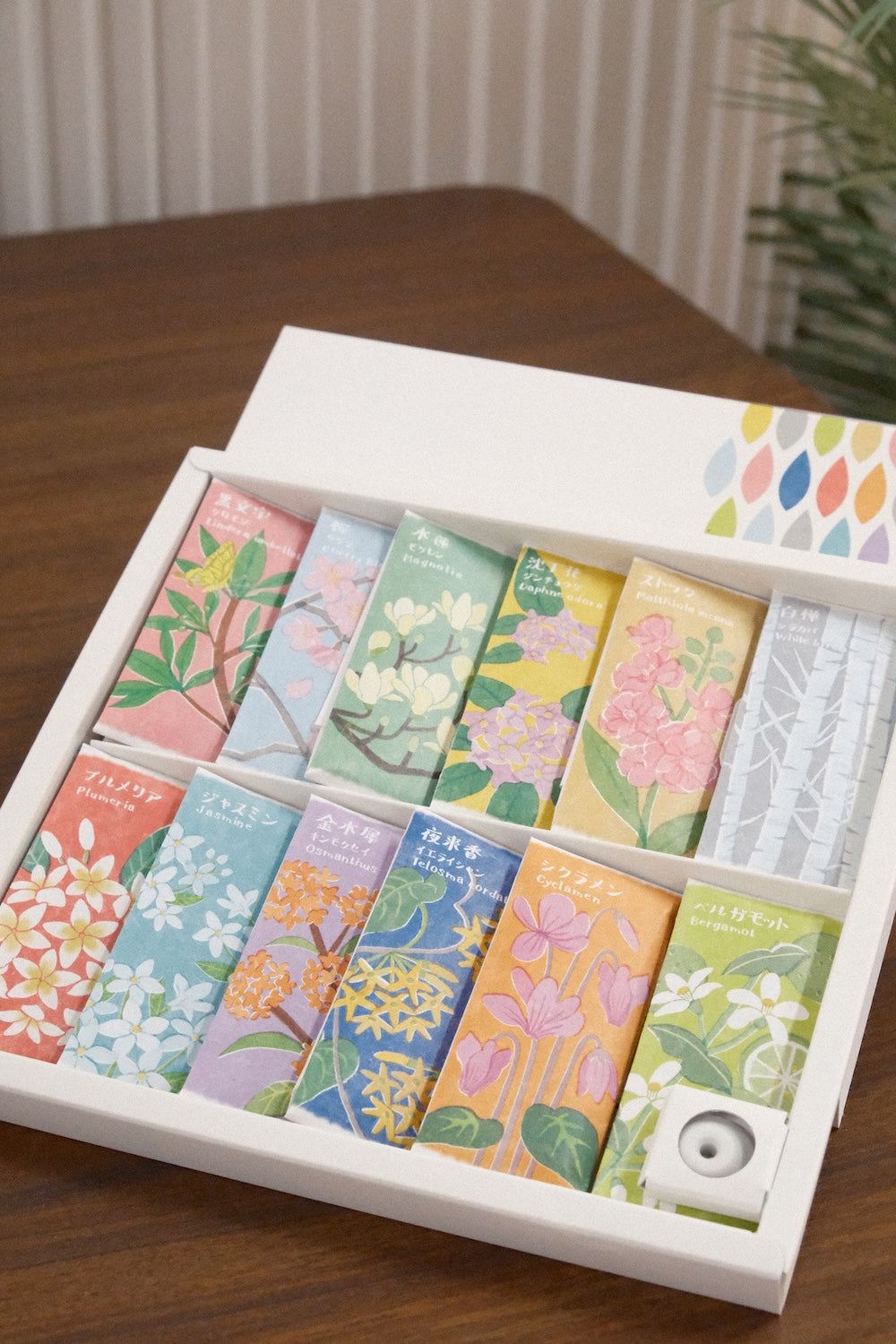 Kousaido Ihana-denshin Collection gift box with 12 floral incense fragrances and holder