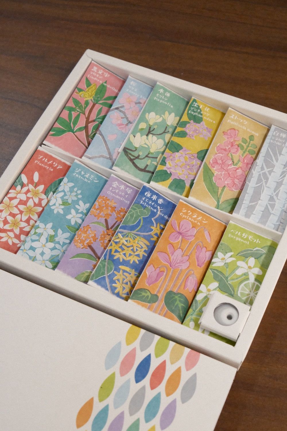 Kousaido Ihana-denshin Collection gift box with 12 floral incense fragrances and holder