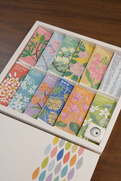 Kousaido Ihana-denshin Collection gift box with 12 floral incense fragrances and holder