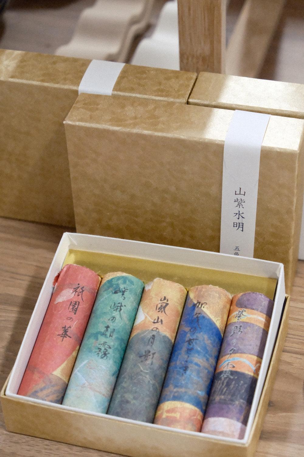 Kousaido 山紫水明 incense gift box with five fragrance sticks and holder showcasing traditional Japanese scents