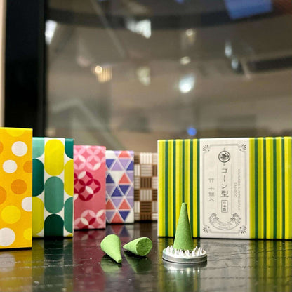 Kousaido Osmanthus incense cones box with aluminum holder and sandalwood geranium mint fragrance