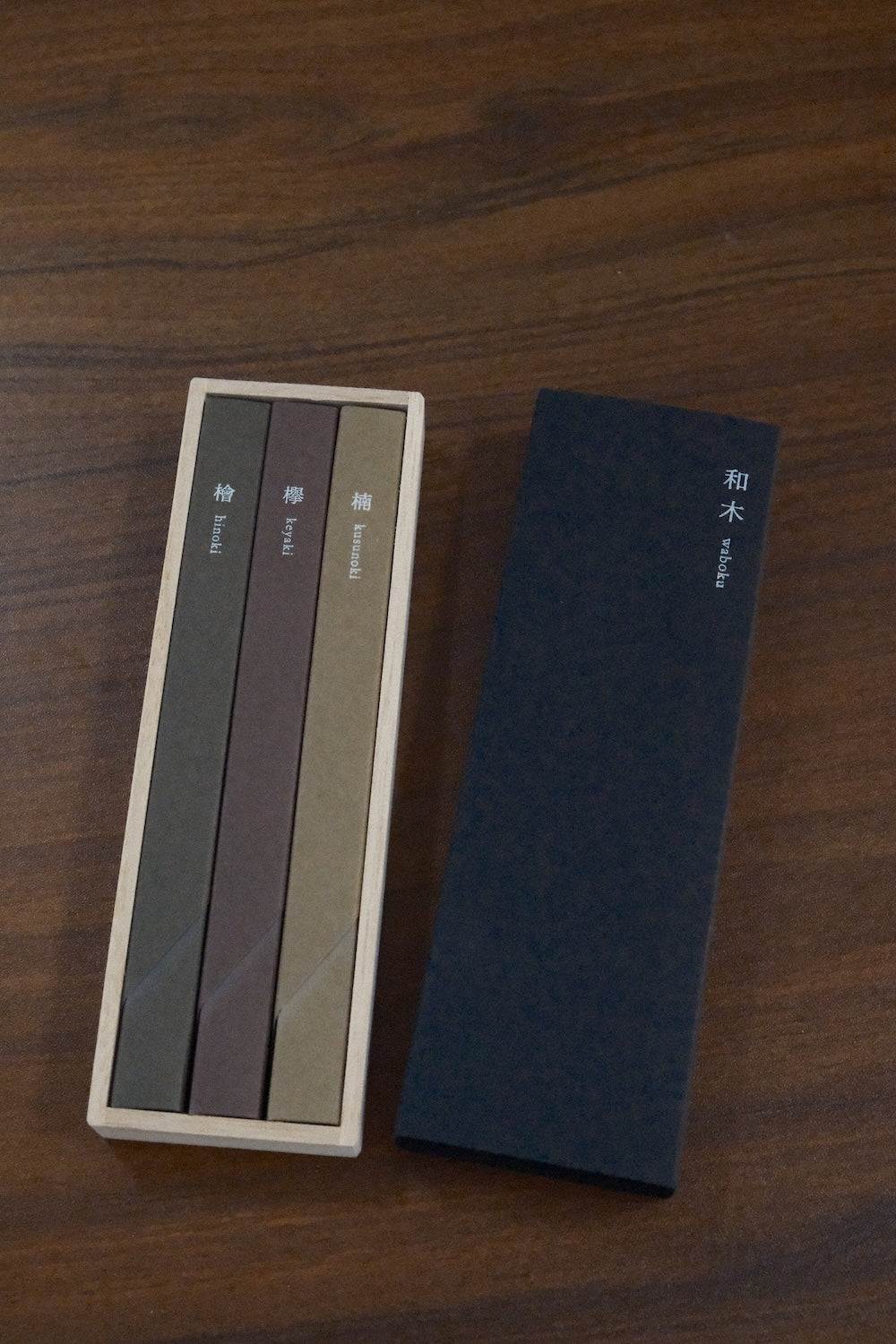 Kousaido WABOKU Incense stick set with Hinoki, Zelkova, and Kusunoki fragrances inspired by Japanese woods
