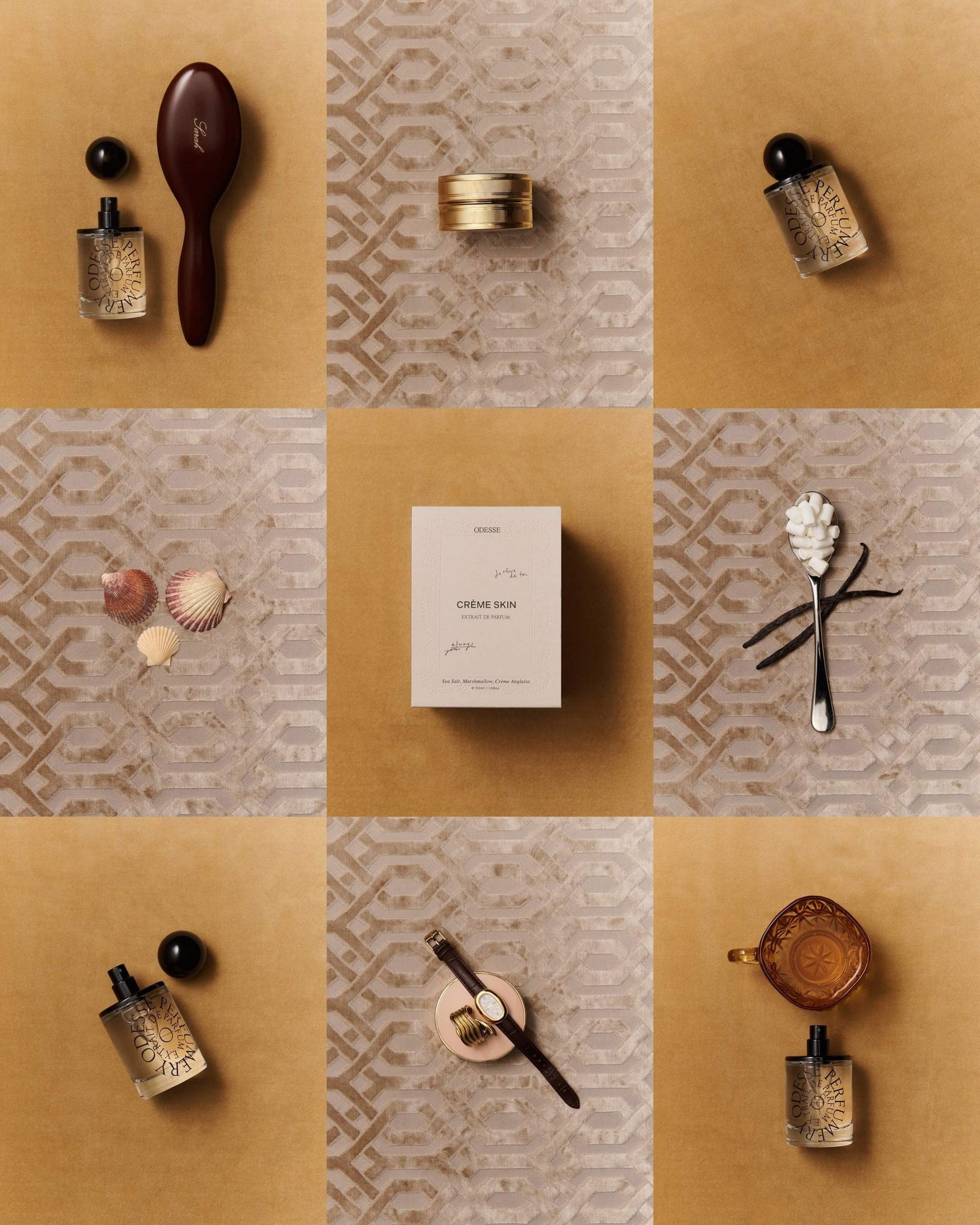 9to5 Studios Odesse Crème Skin lifestyle collage with seashells and vanilla