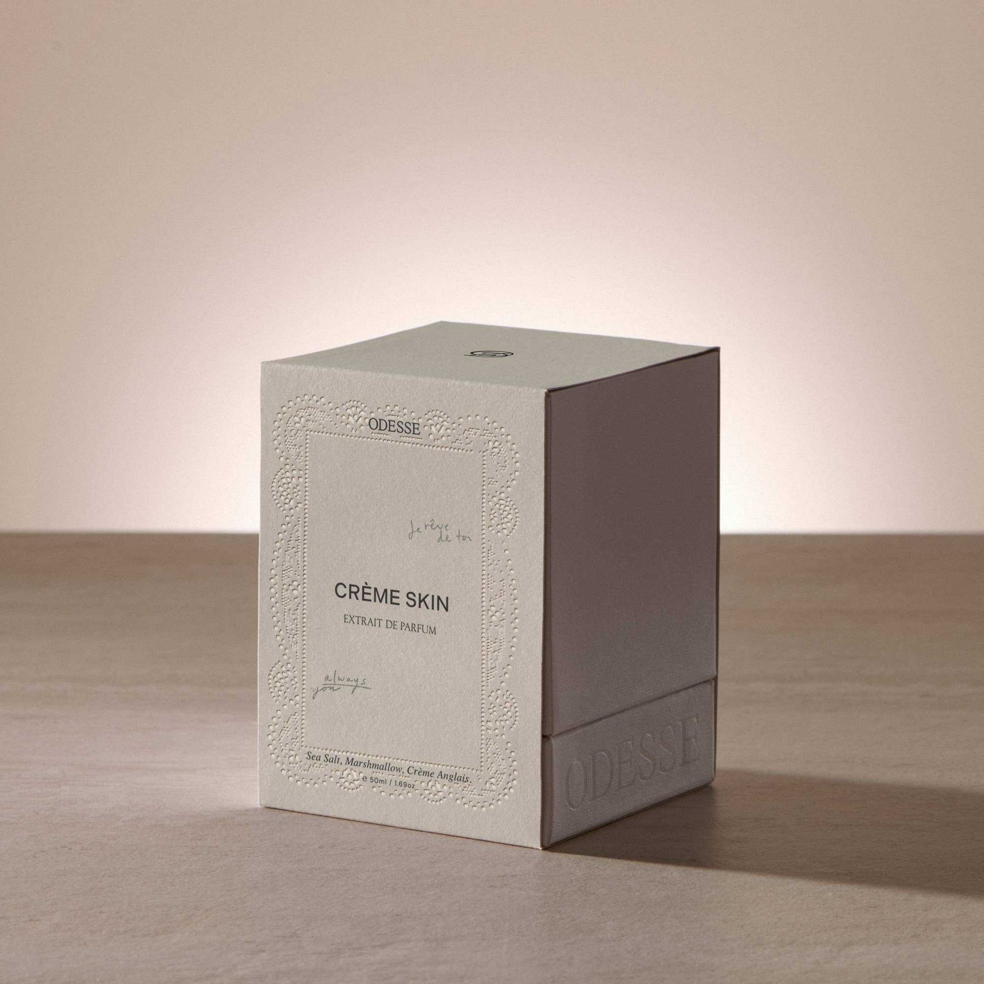 9to5 Studios Odesse Crème Skin outer box with lace border and sea salt notes