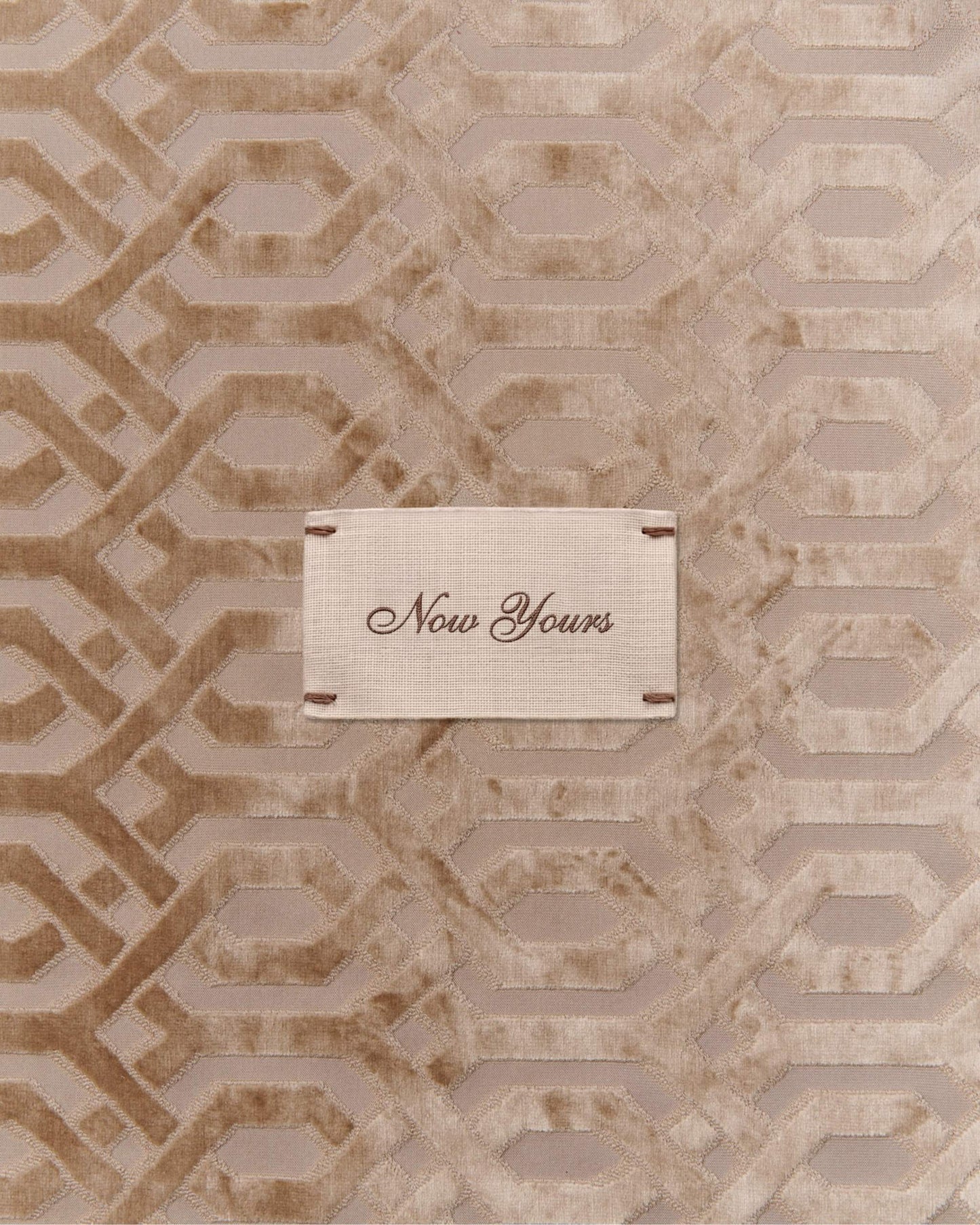 9to5 Studios Odesse Crème Skin 'Now Yours' label on beige velvet fabric