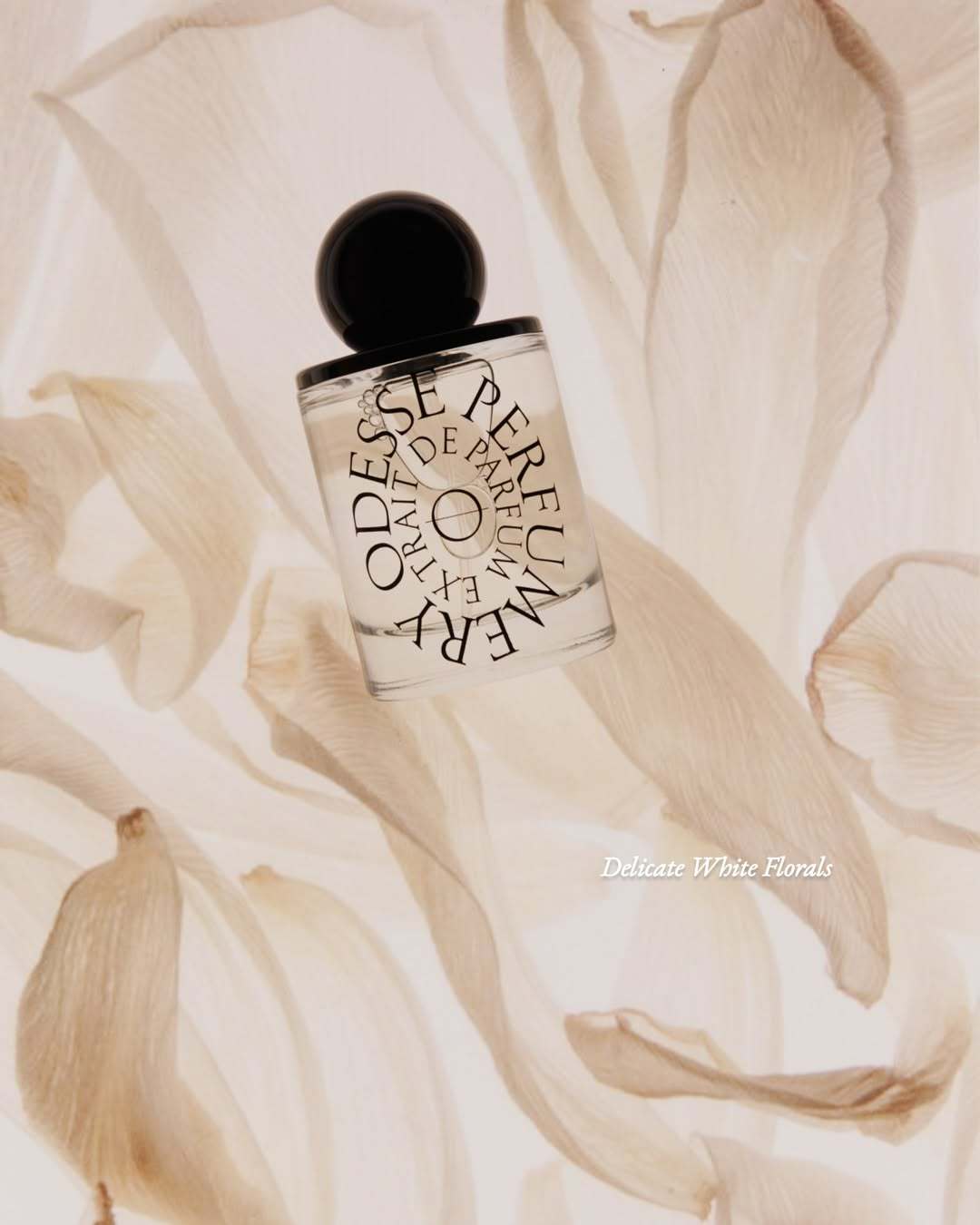 Odesse Morning Skin 香精瓶置於乾花瓣上，突顯白色花香