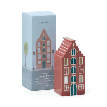 Paddywax Amsterdam House Style ceramic incense and tea light holder shaped like Amsterdam canal house with Palo Santo fragrance