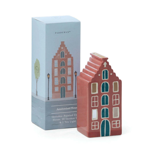 Paddywax Amsterdam House Style ceramic incense and tea light holder shaped like Amsterdam canal house with Palo Santo fragrance