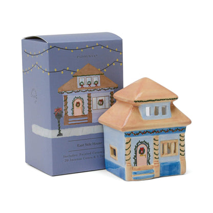 Paddywax East Side House ceramic incense and tea light holder with Palo Santo fragrance, hand-painted bungalow design