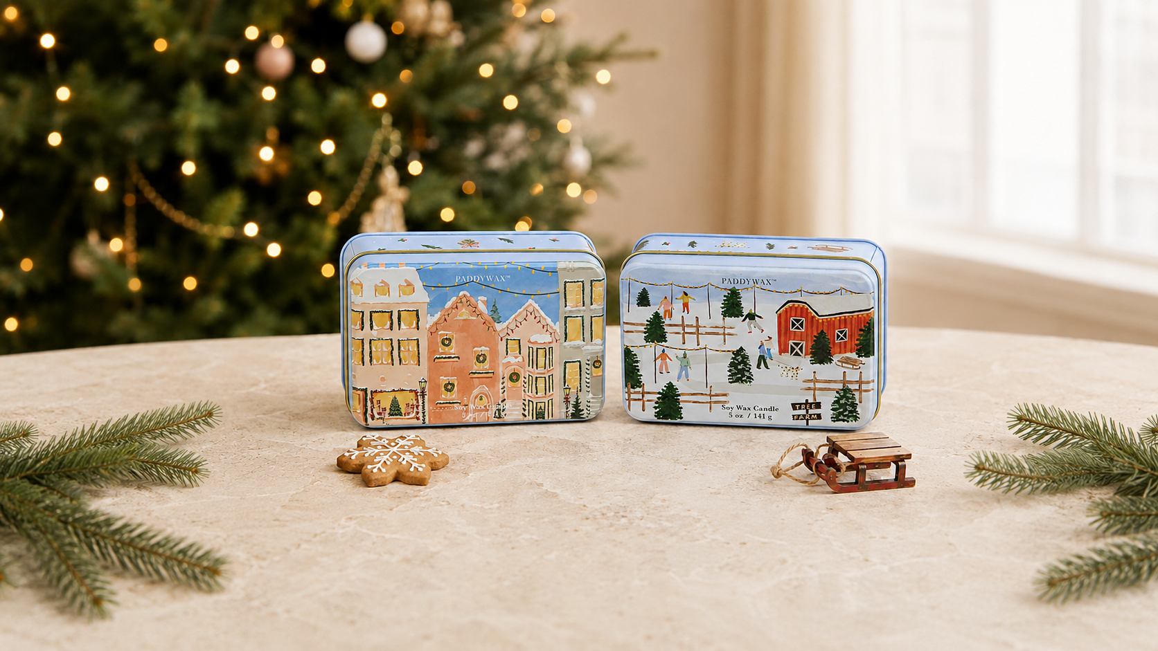 9to5 Studios set of Paddywax Holiday Tin Candles featuring tree farm and pastel town scenes on marble table