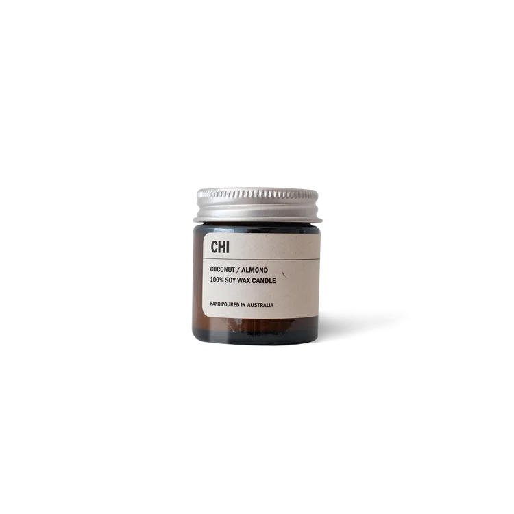 Posie Candle CHI coconut almond scent in amber glass jar with aluminium lid and soy wax