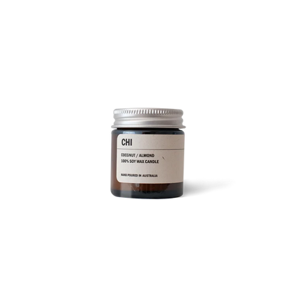 Posie Candle CHI coconut almond scent in amber glass jar with aluminium lid and soy wax