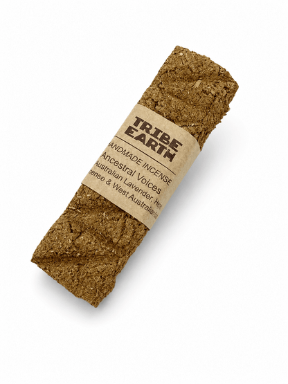 Tribe Earth ANCESTRAL VOICES handmade incense plank with Oak, Lavender, and Frankincense burning in fireproof container