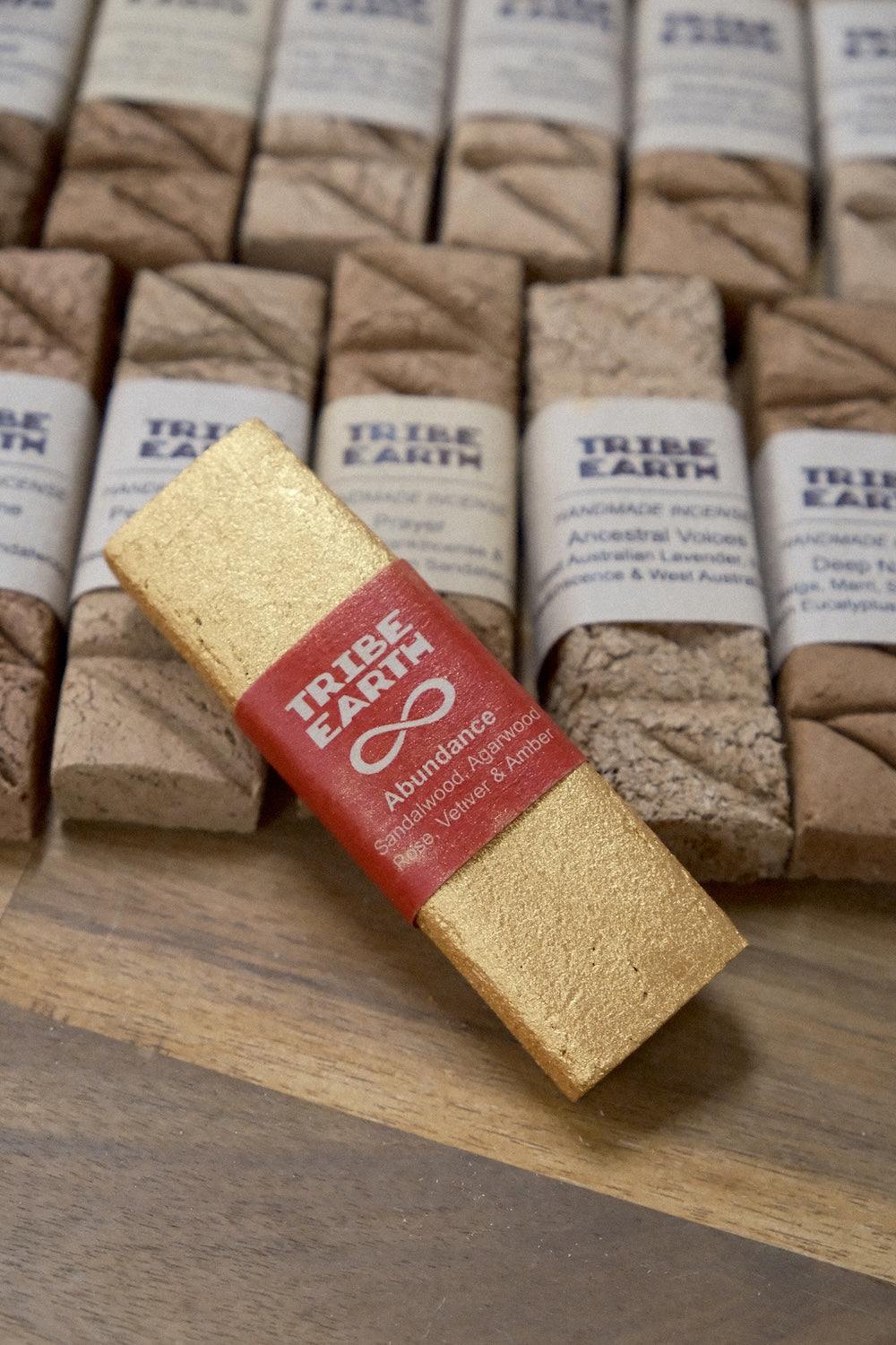 Tribe Earth Abundance Limited Edition plank with Western Australian Sandalwood, Agarwood, Moroccan Rose, Vetiver, Amber, and edible glitter incense