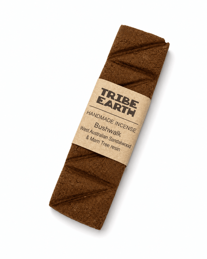 Tribe Earth BUSHWALK Handmade Incense Plank with Sandalwood and Bush resins burning in a heat resistant dish
