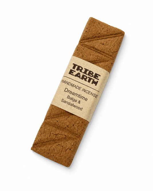 Tribe Earth DREAMTIME Handmade Sandalwood and Balga incense plank burning in heat resistant dish