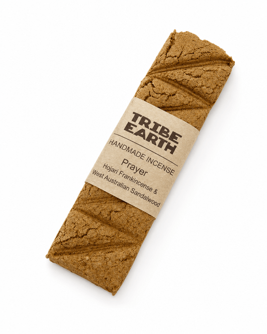 Tribe Earth PRAYER Handmade incense plank with sandalwood and frankincense burning in dish