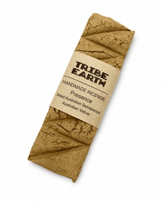 Tribe Earth PRESENCE handmade incense plank with Vetiver Grass and Sandalwood burning in heat resistant dish