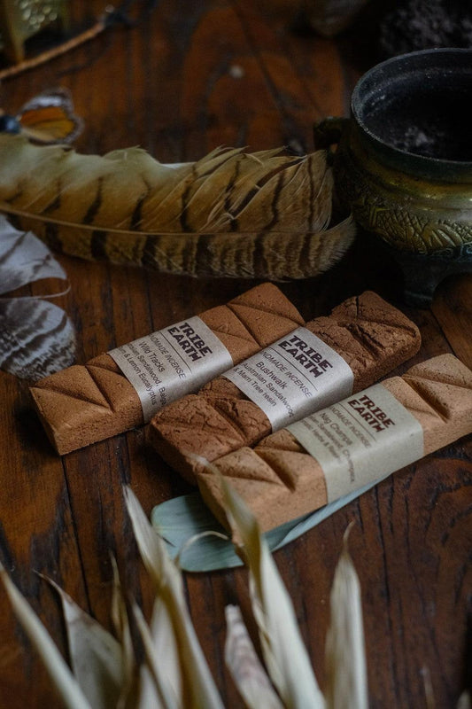 Tribe Earth Incense Peaceful Warrior handmade sandalwood and patchouli incense plank burning in dish