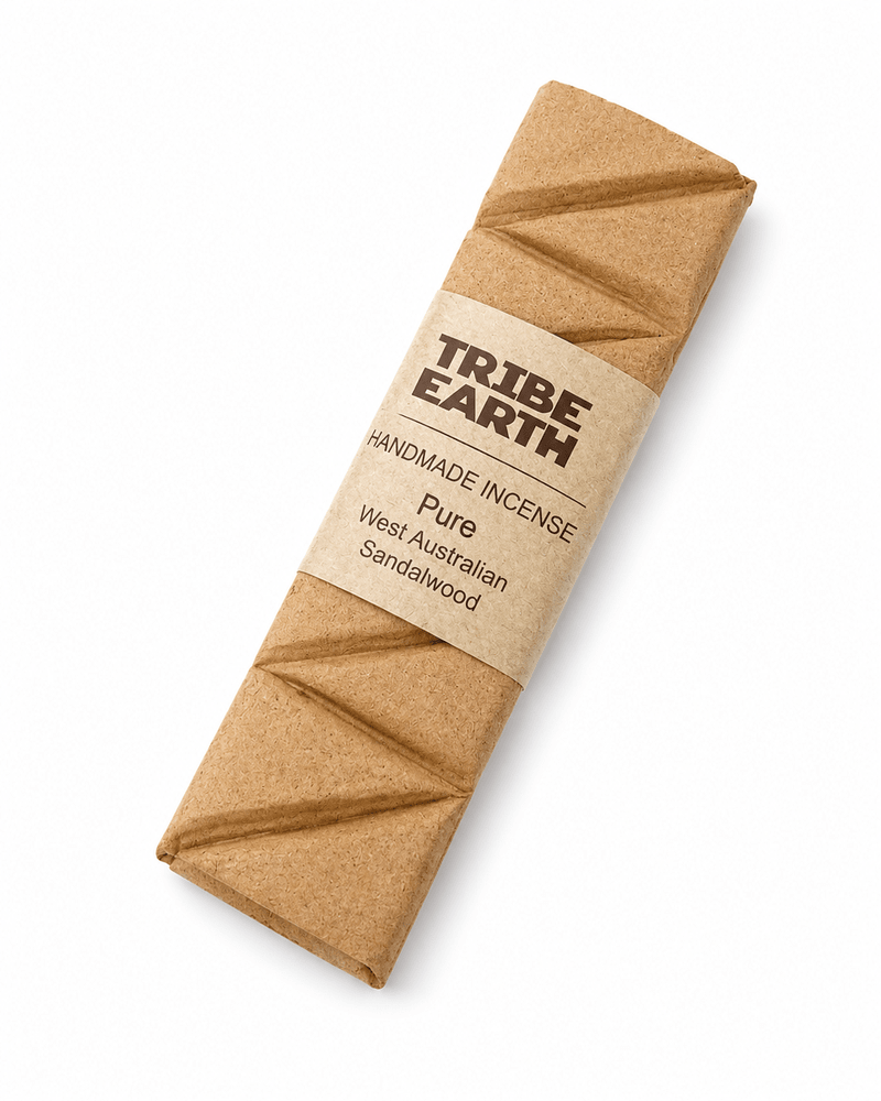 Tribe Earth PURE Sandalwood handmade incense plank made from Western Australian sandalwood burning on a heat resistant dish