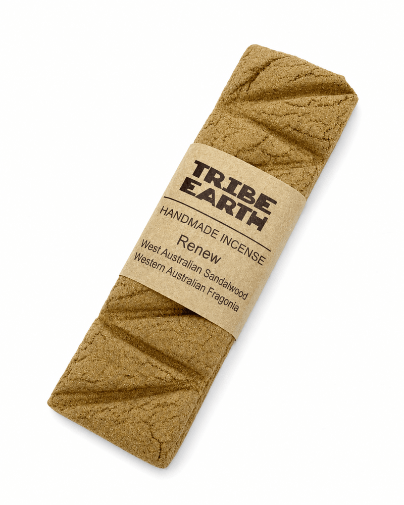 Tribe Earth RENEW Handmade Incense Plank with Sandalwood and Fragonia burning in a heat-resistant dish