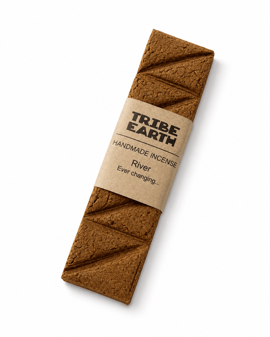 Tribe Earth RIVER Handmade Incense Plank with mixed resins, flowers, and woods burning in a heat resistant dish