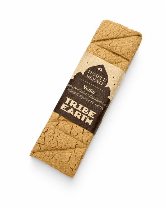 Tribe Earth Vedic-Temple Blend handmade sandalwood and vetiver incense plank with Ayurvedic herbs