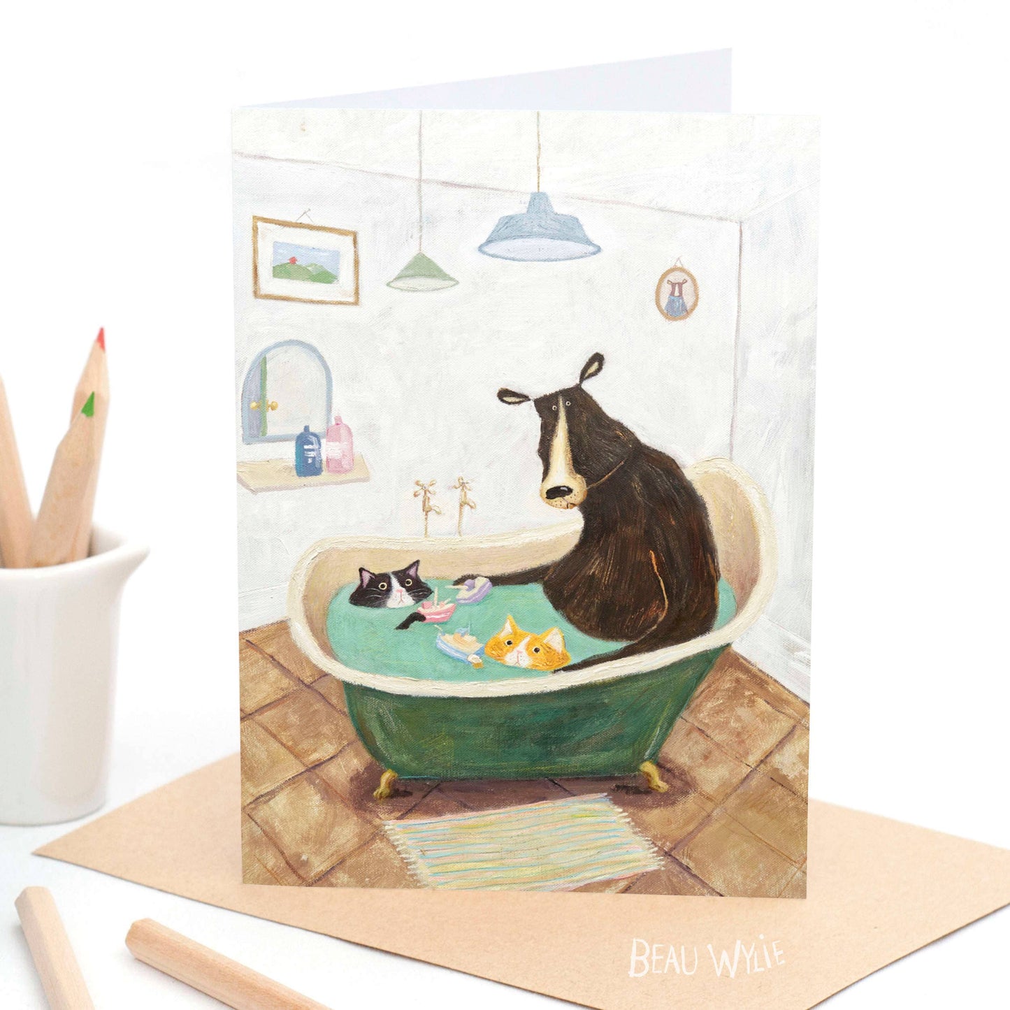 Bath Time greeting card by Beau Wylie for 9to5 Studios featuring bear and cats in teal tub on recycled white cardstock
