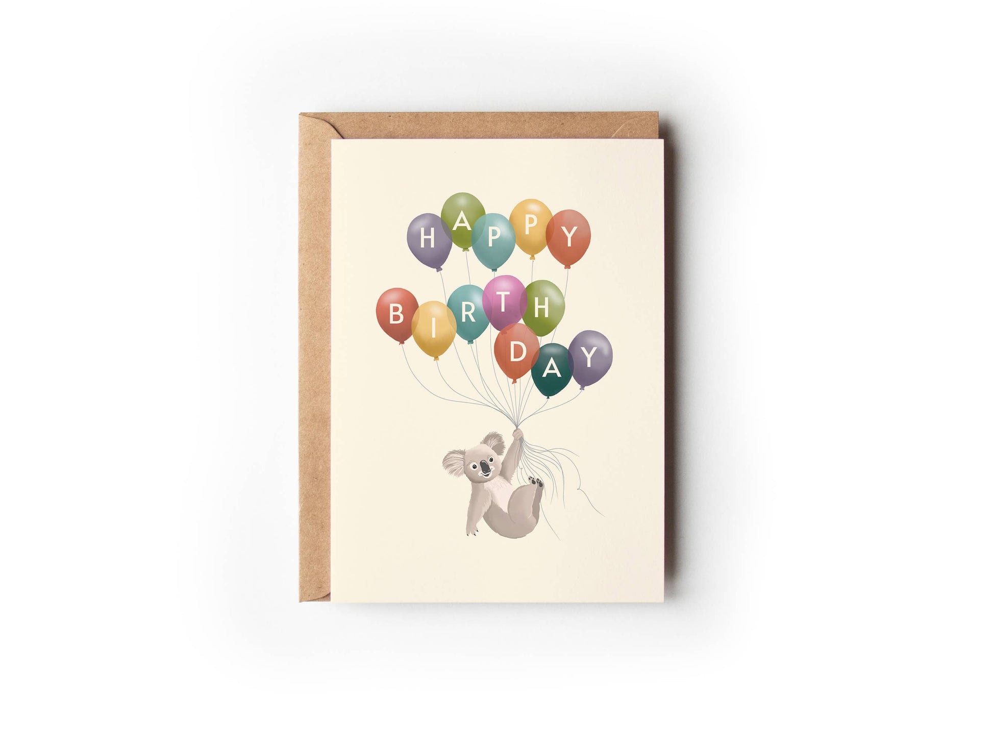 Gender neutral A6 birthday card with hand-drawn koala and multicolor balloons at 9to5 Studios