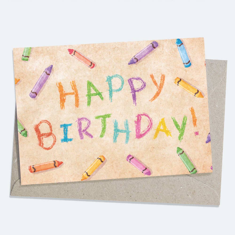 Front of multicolor Happy Birthday crayon style greeting card by Beau Wylie from 9to5 Studios with playful watercolor illustrations