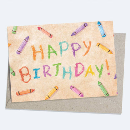 Front of multicolor Happy Birthday crayon style greeting card by Beau Wylie from 9to5 Studios with playful watercolor illustrations