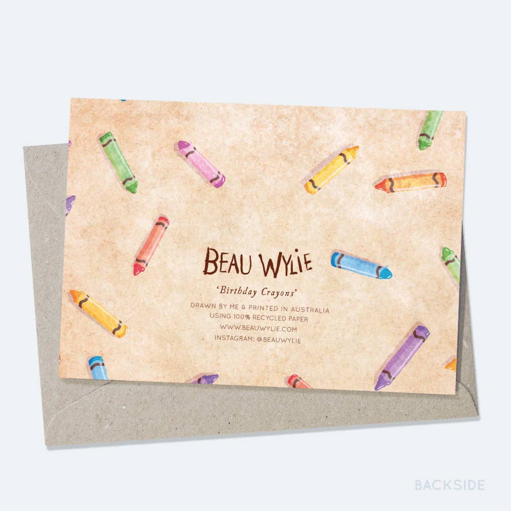Backside of Beau Wylie Birthday Crayons greeting card by 9to5 Studios showing recycled kraft paper texture and crayon art
