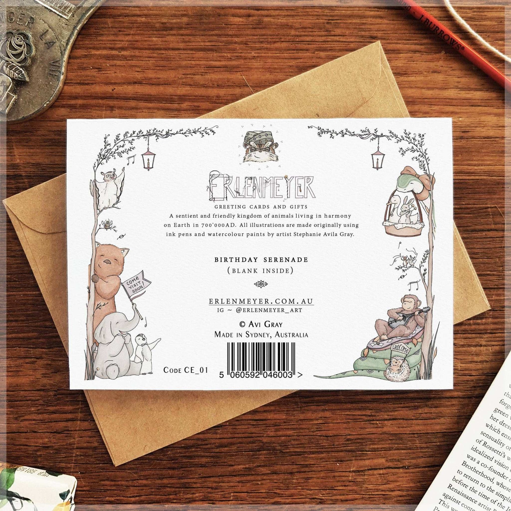 Back of Erlenmeyer Birthday Serenade greeting card with animal illustrations and kraft envelope by 9to5 Studios