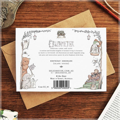 Back of Erlenmeyer Birthday Serenade greeting card with animal illustrations and kraft envelope by 9to5 Studios