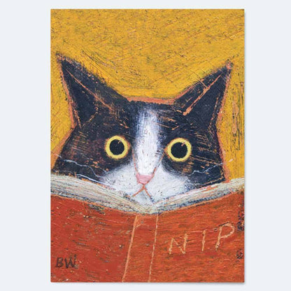 Front view of Cat Interrupted original artwork greeting card by Beau Wylie at 9to5 Studios with textured mustard yellow background