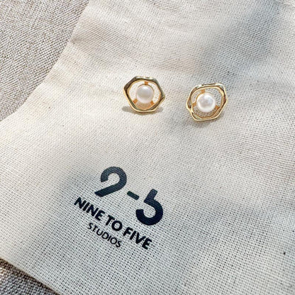 Chic Hollow Stud Earrings with Freshwater Pearl Gold 9to5 Studios