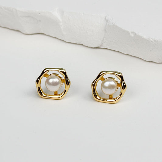 Chic Hollow Stud Earrings with Freshwater Pearl Gold 9to5 Studios