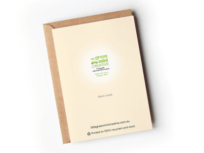 Little Green Mini Creative logo back of Dancing Wombats birthday card showing recycled cardstock details and Made in Mudgee NSW