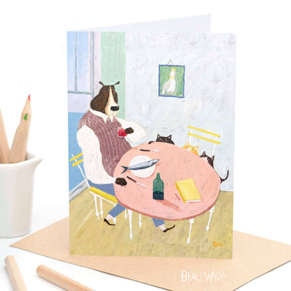Dinner Guests greeting card by Beau Wylie from 9to5 Studios featuring quirky dog and cats at dinner table on recycled white cardstock